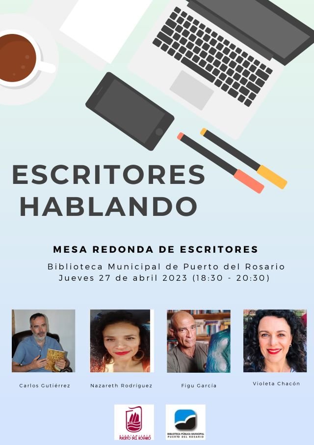 CARTEL MESA DÍA DEL LIBRO ESCRITORES HABLANDO BIBLIOTECA PUERTO ES CULTURA