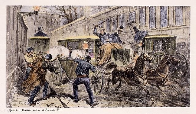 Estampa del atentado contra el General Prim. Tomás Carlos Capuz Miranda. 1870