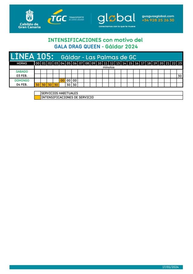 Tabla de horarios de guaguas del día de la Gala Drag Queen del Carnaval de Gáldar