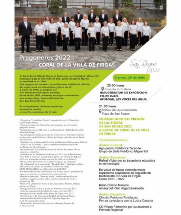 Villa de Firgas: Pregón de las Fiestas de San Roque 2022, a cargo de la Coral