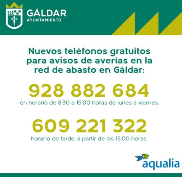 Aqualia recuerda los números de teléfonos para avisos de averías en Gáldar