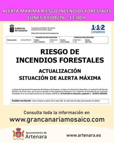 Artenara: Alerta Máxima por Temperaturas Máximas y Alerta Máxima por Riesgo de Incendios Forestales en Gran Canaria