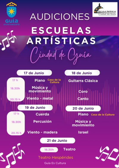 Gu&iacute;a: El Teatro Hesp&eacute;rides y la Casa de la Cultura acoger&aacute;n las audiciones del alumnado de las Escuelas Art&iacute;sticas Ciudad de Gu&iacute;a