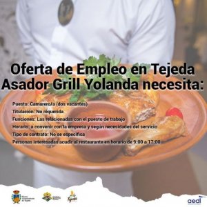 Oferta de empleo en Tejeda, se necesita cubrir dos vacantes en el puesto de camarero/a