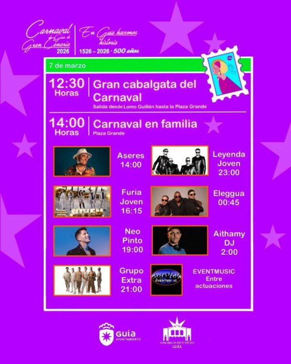 Carnaval en Familia este s&aacute;bado en Gu&iacute;a con una Gran Cabalgata, m&aacute;s de doce horas de m&uacute;sica y la actuaci&oacute;n estelar del Grupo Extra