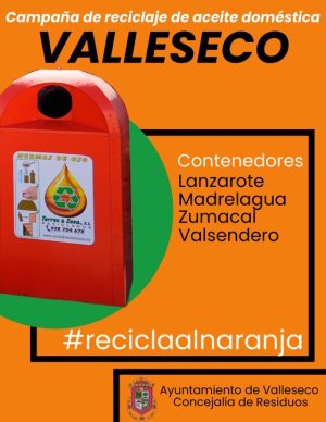 Nuevo servicio para la recogida y gestión del aceite usado doméstico en Valleseco “#reciclaalnaranja”