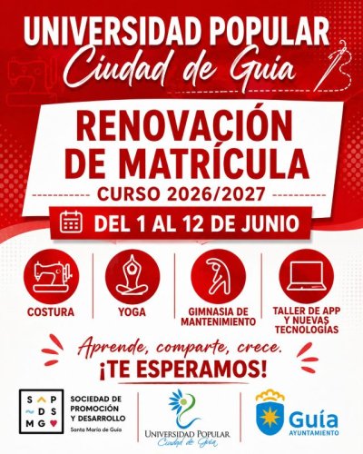 La Universidad Popular Ciudad de Gu&iacute;a abre la renovaci&oacute;n de matr&iacute;cula del 1 al 12 de junio