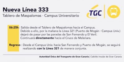 Puesta en marcha de una nueva l&iacute;nea directa de transporte interurbano que unir&aacute; el Tablero de Maspalomas y el Campus Universitario