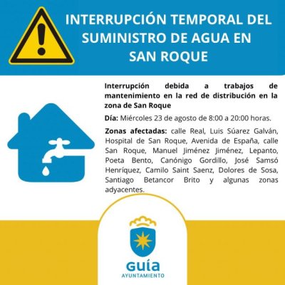 Gu&iacute;a: Interrupci&oacute;n temporal del suministro de agua de abasto, este mi&eacute;rcoles 23 de agosto, por obras de mantenimiento en la red