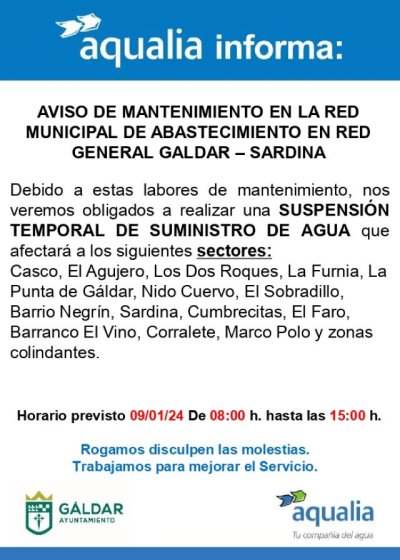 G&aacute;ldar: Corte temporal del suministro de agua por mantenimiento el 9 de enero en el casco, Nido Cuervo y los barrios de la costa