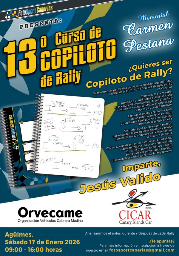 FSC, presenta oficialmente el cartel anunciador de la pr&oacute;xima 13&ordm; edici&oacute;n del Curso de Copiloto de Rally de Gran Canaria 2026