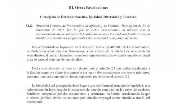 Los dos miembros de las parejas de hecho pueden optar ya al reconocimiento como familia numerosa