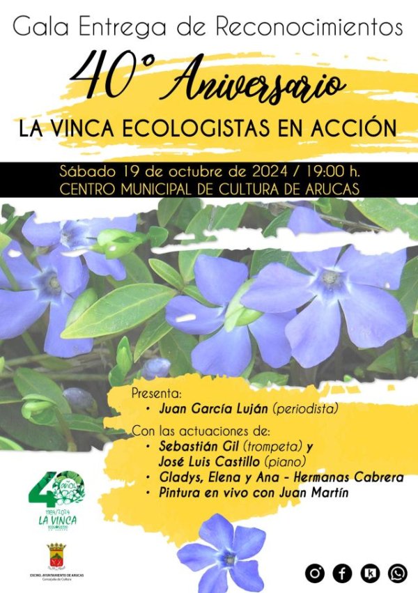 Arucas: El sábado 19 de octubre tendrá lugar en el Centro Municipal de Cultura la GALA del 40ª Aniversario de La Vinca