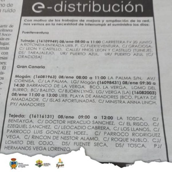 Tejeda: Cortes del suministro eléctrico debido a trabajos de mejora y ampliación de la red