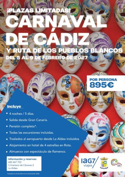 La Aldea de San Nicolás abre las inscripciones para un viaje cultural al Carnaval de Cádiz y la Ruta de los Pueblos Blancos