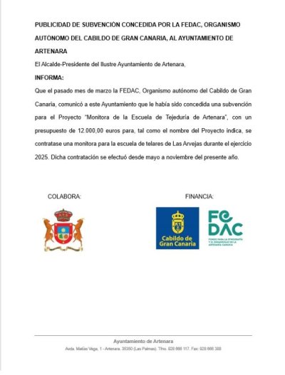 Publicidad de Subvenci&oacute;n por la Fedac, concedida al Ayuntamiento de Artenara
