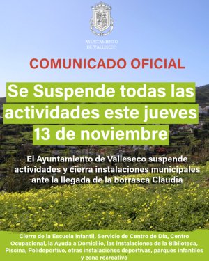 El Ayuntamiento de Valleseco activa el plan preventivo y suspende actividades municipales ante la llegada de la borrasca Claudia