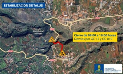 Obras Públicas del Cabildo procede a asegurar el talud que causó un derrumbe hace un mes a la salida de Valsequillo