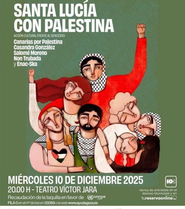 Acto de Acción Cultural Frente al Genocidio en el Teatro Víctor Jara de Vecindario el próximo miércoles 10 de diciembre de 2025, a las 20:00 horas