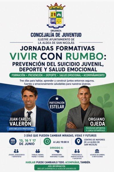 La Aldea de San Nicolás organiza las I Jornadas “Vivir con Rumbo” sobre prevención del suicidio juvenil, deporte y salud mental