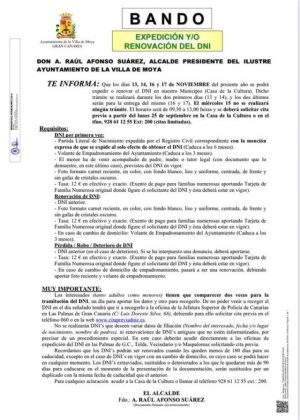 En noviembre podr&aacute;s expedir y/o renovar tu DNI en la Villa de Moya, concretamente en la Casa de la Cultura