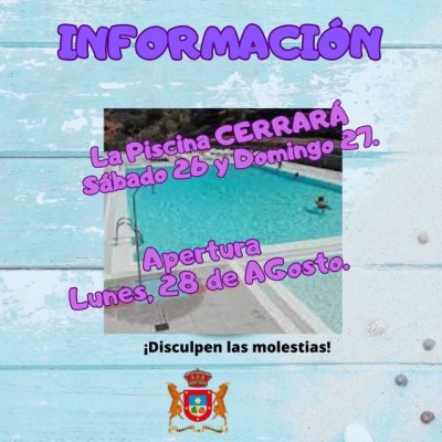 Artenara: Cierre de Piscina: Sábado 26 y Domingo 27. Apertura: Lunes 28