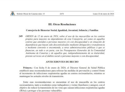 Canarias establece la obligatoriedad del uso de la mascarilla en los centros sociosanitarios y de personas mayores