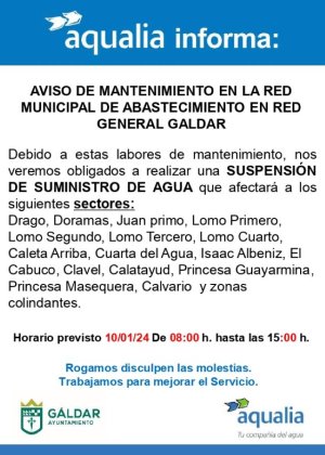 Gáldar: Corte temporal del suministro por mantenimiento el 10 de enero en calles del casco, La Montaña y Caleta de Arriba