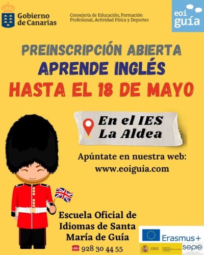 La Escuela Oficial de Idiomas de Santa Mar&iacute;a de Gu&iacute;a abre el plazo de preinscripci&oacute;n para estudiar ingl&eacute;s en La Aldea en el curso 2026-2027