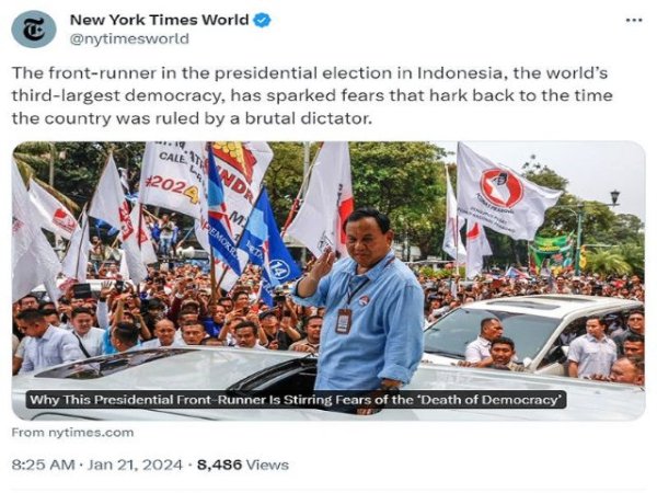 Artículo de opinión: ¿Por qué el New York Times infunde miedo sobre el candidato presidencial favorito de Indonesia?