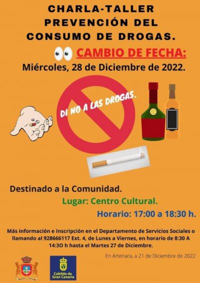 Artenara: Cambio de fecha de la Charla-Taller sobre Prevención del Consumo de Drogas