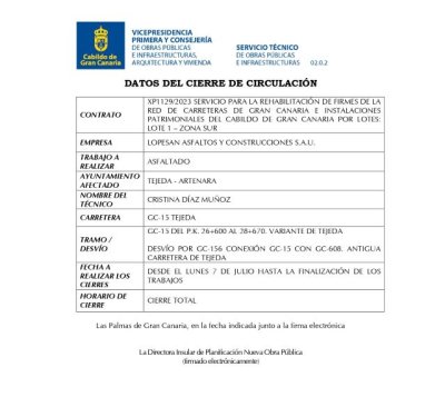 Artenara: Corte de carreteras, cierre temporal de la carretera GC-210