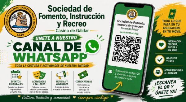 El Casino de G&aacute;ldar lanza un canal de WhatsApp para acercar su programaci&oacute;n cultural y social a la ciudadan&iacute;a
