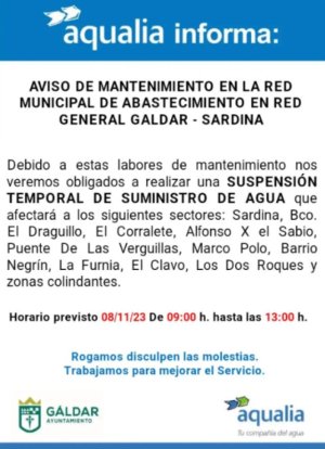 Gáldar: Aqualia informa de un corte temporal del suministro por mantenimiento el miércoles en Sardina y zonas colindantes