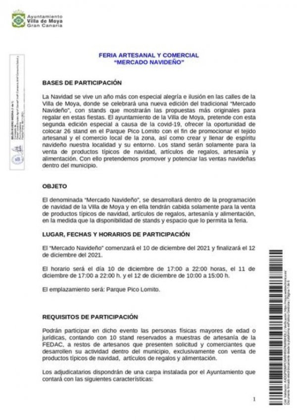 Villa de Moya: Las solicitudes para participar en el Mercadillo Navideño abrirá este lunes 15 y hasta el día 30