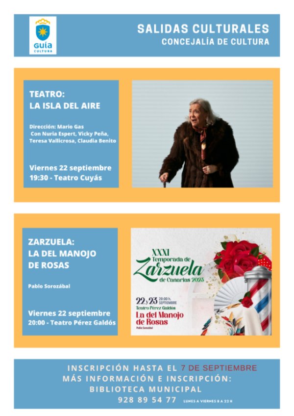 La concejalía de Cultura de Guía organiza una nueva salida cultural al Teatro Cuyás y a la Zarzuela el próximo viernes 22 de septiembre
