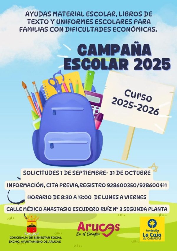 Arucas: La Concejalía de Servicios Sociales, prepara la campaña de ayuda para material escolar y libros de texto
