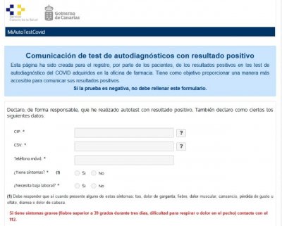 En marcha una web para comunicar el resultado positivo de un test de autodiagnóstico de la COVID-19