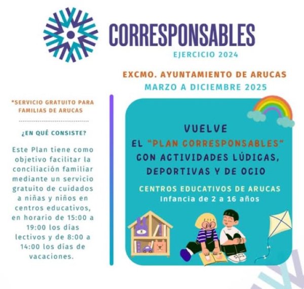 Arucas pone de nuevo en marcha El Plan Corresponsables, un servicio gratuito para el cuidado de niños y niñas de 2 a 16 años, en los Centros Escolares.