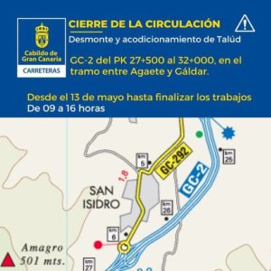 Cierre de la autovía Gáldar - Agaete desde este lunes por trabajos de desmonte y acondicionamiento del talud situado junto a la GC-2, a la altura de San Isidro