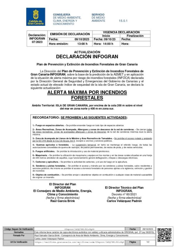 El Cabildo declara la alerta máxima por incendios forestales a partir de los 400 metros en el sur y de los 200 en el norte