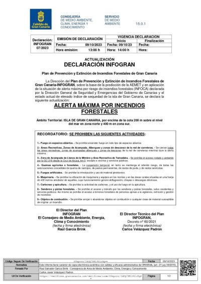 El Cabildo declara la alerta m&aacute;xima por incendios forestales a partir de los 400 metros en el sur y de los 200 en el norte