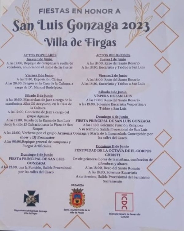 Villa de Firgas: Este viernes 2 de junio a las 20:30, tendrá lugar el Pregón de las Fiestas de San Luis Gonzaga
