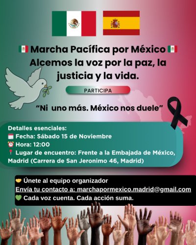 Mexicanos en Europa convocan protesta frente a la Embajada de México en Madrid por la grave crisis de desapariciones y violencia en el país