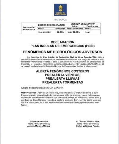El Cabildo de Gran Canaria declara el Plan Insular de Emergencias (PEIN) por fenómenos meteorológicos adversos 