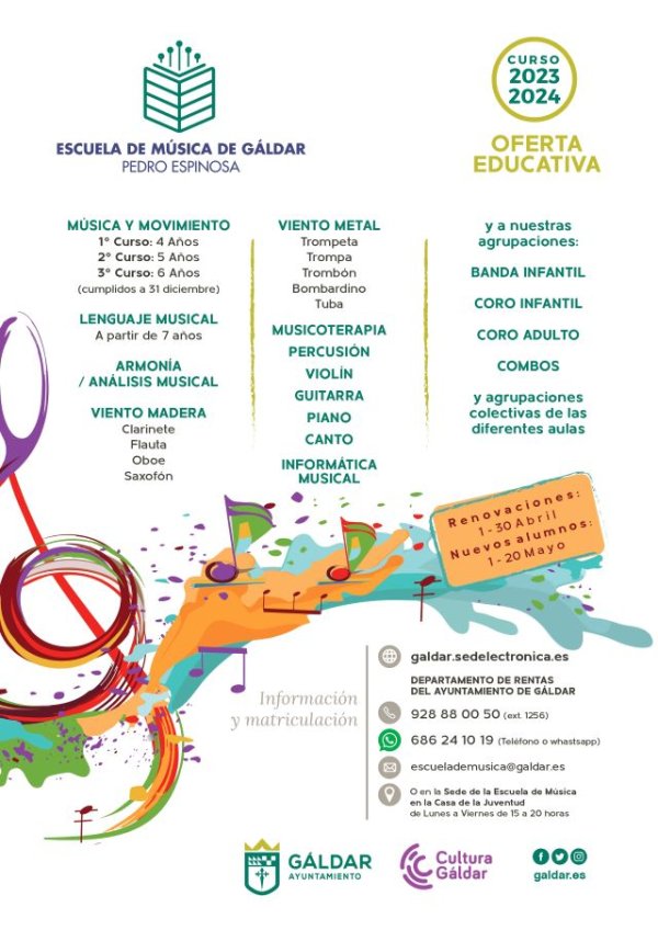Gáldar: Abierto los plazos de renovación e inscripción de nuevos alumnos para el curso 2023/24 en la Escuela Municipal de Música